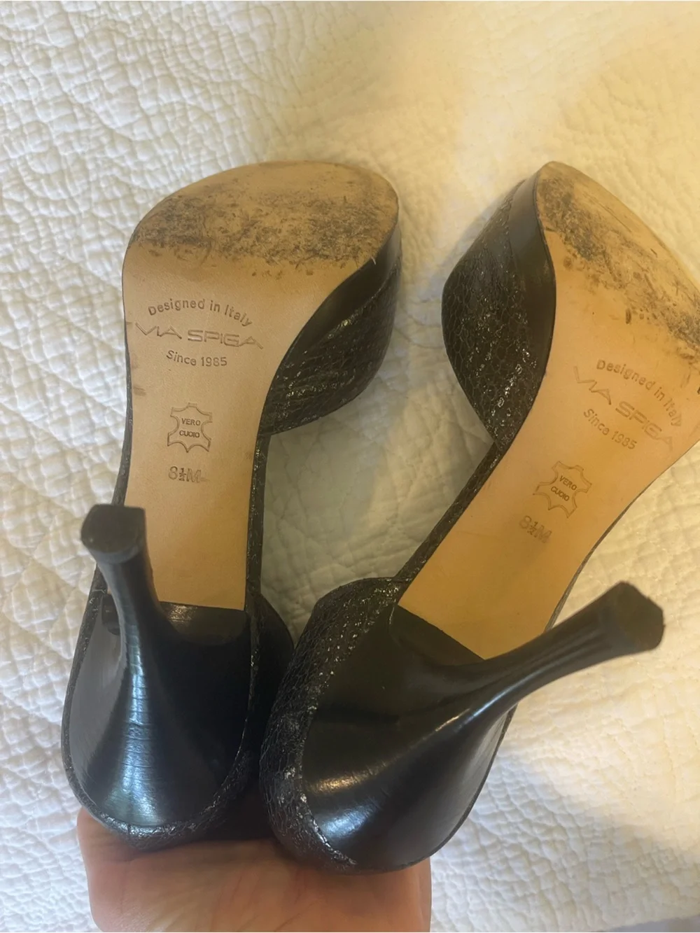 Via Spiga Black Snakeskin Embossed Peep Toe D'Orsay Stiletto Pumps 8.5 Slip On